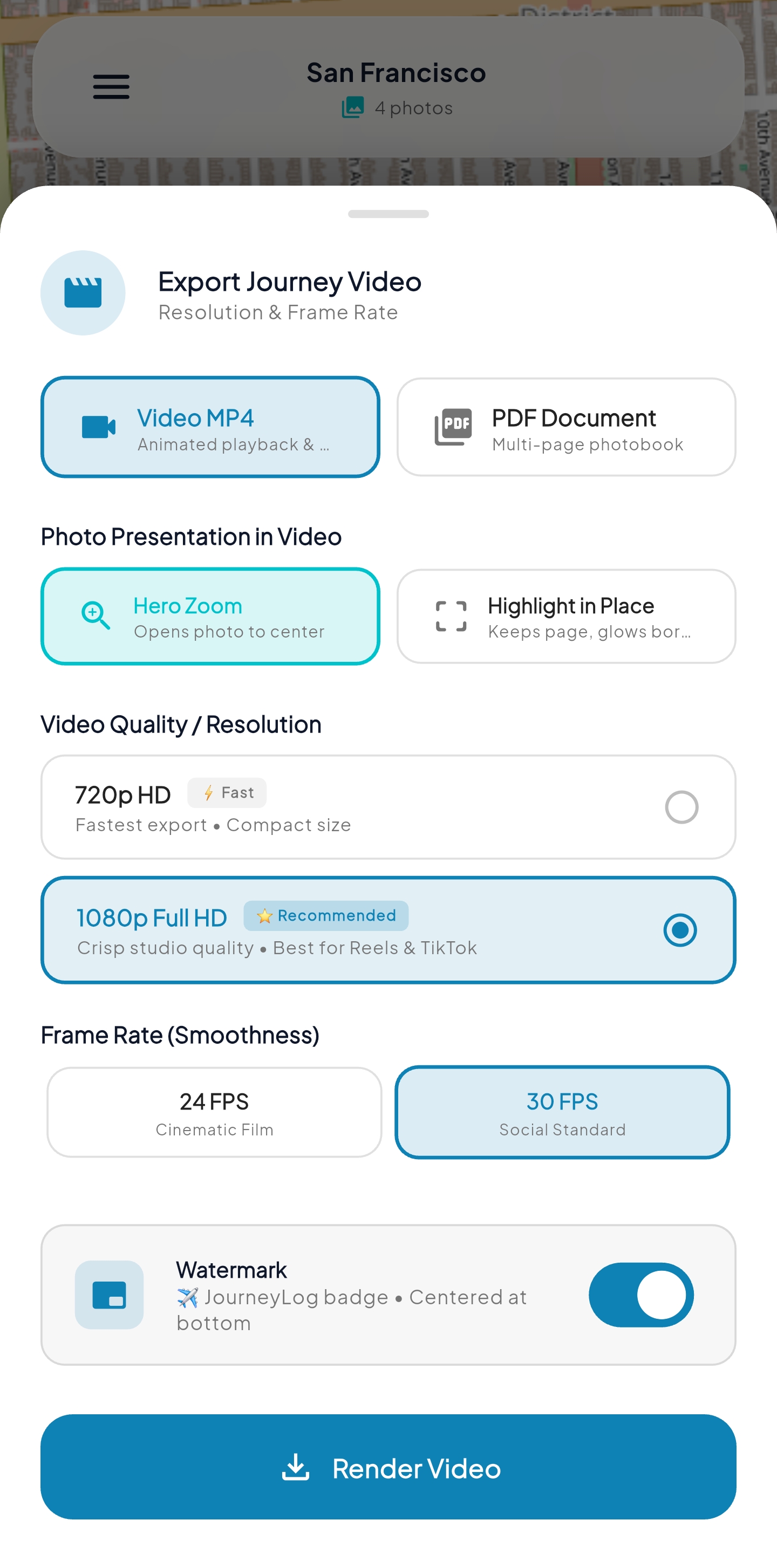 Export options for 300 DPI PDF and 60 FPS HD video in JourneyLog
